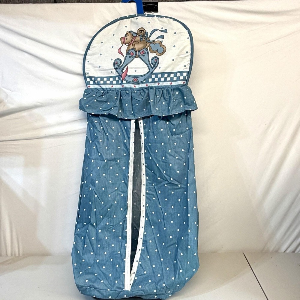 Vintage 90's Diaper Stacker Blue Polka Dot Heart Ruffle Nursery Rocking Bear